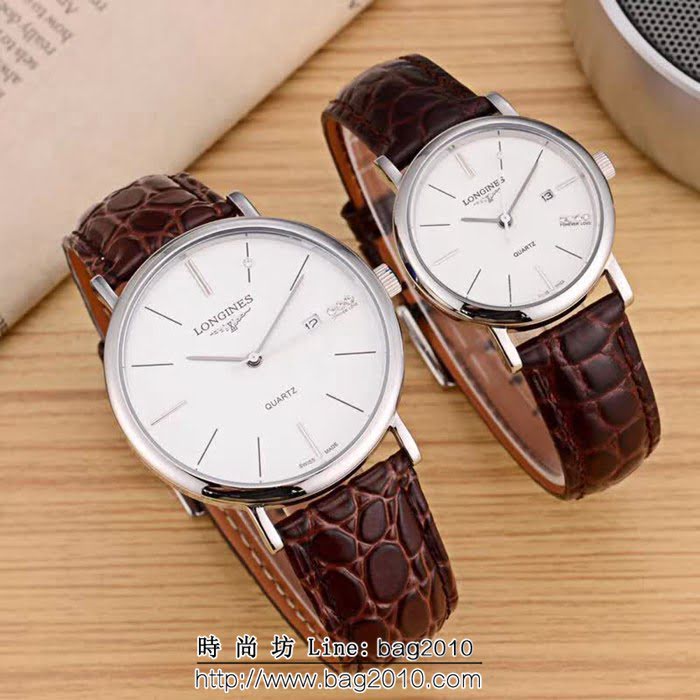 LONGINES浪琴 牛皮錶帶石英情侶對表  WSS1859